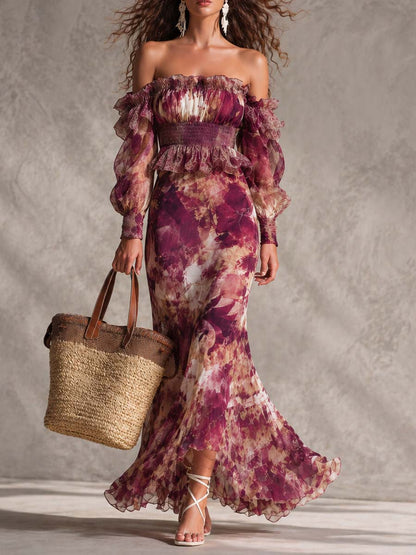 Vestido largo de verano de gasa con estampado floral rosa, escote bardot y falda escalonada