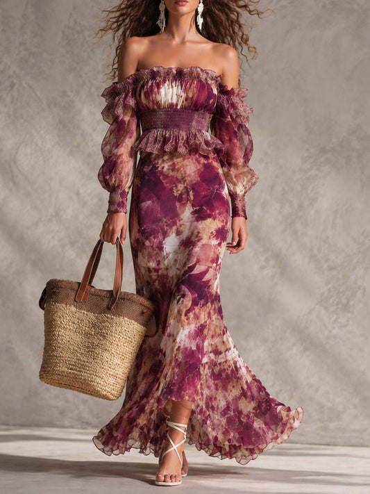 Vestido largo de verano de gasa con estampado floral rosa, escote bardot y falda escalonada