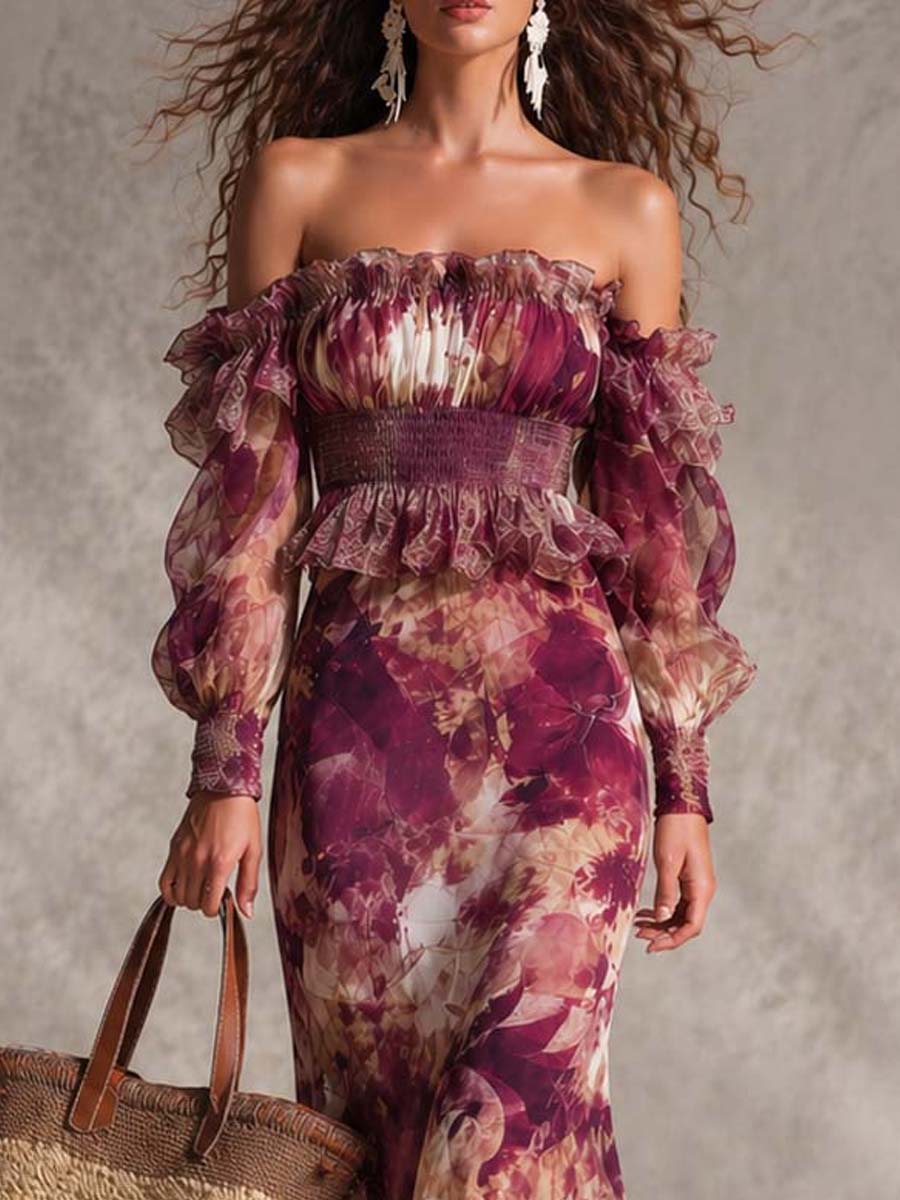 Vestido largo de verano de gasa con estampado floral rosa, escote bardot y falda escalonada