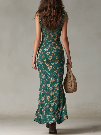 Vestido largo verde salvia con estampado botánico y mangas con volantes