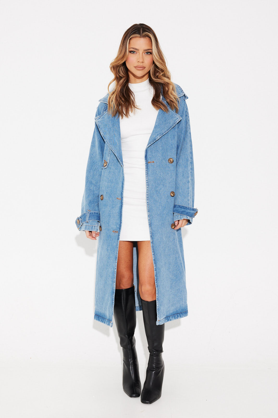 Abrigo estilo gabardina de mezclilla azul para mujer Ashley