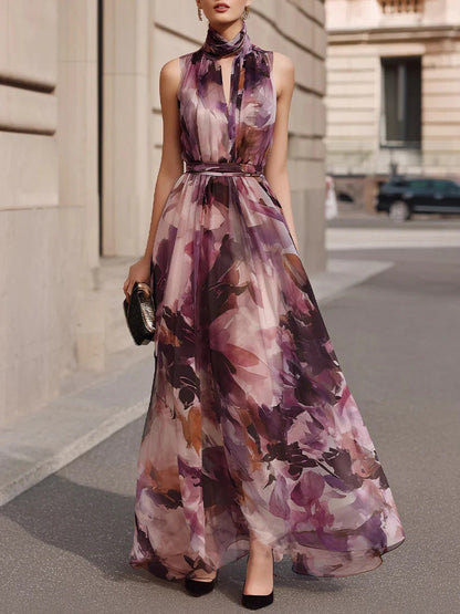 Vestido largo floral con cinturón y corbata en el cuello