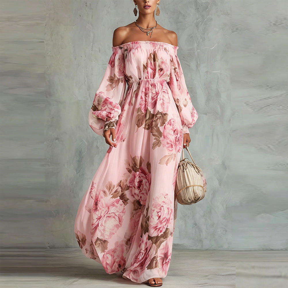 Vestido largo floral de manga larga y hombros descubiertos para mujer, modelo Payton