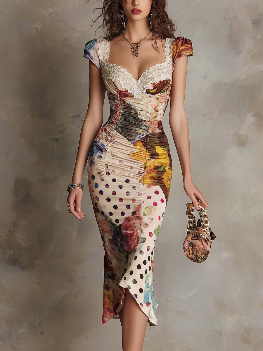 Vestido midi ceñido con estampado floral combinado, fruncido y ribete de encaje, de estilo elegante
