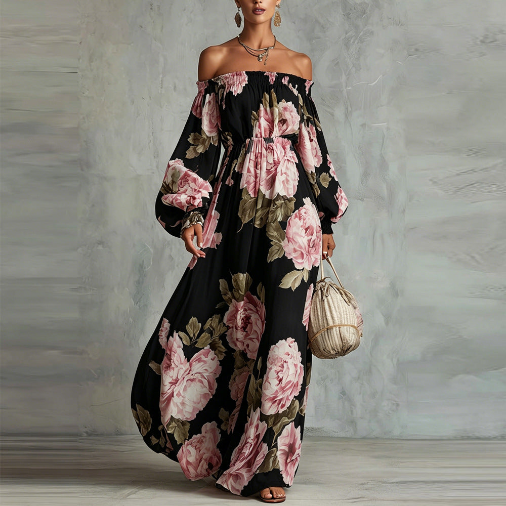 Vestido largo floral de manga larga y hombros descubiertos para mujer, modelo Payton