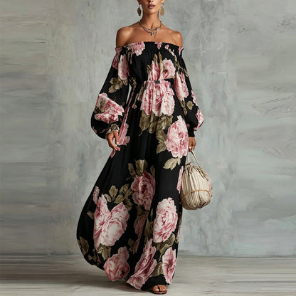 Vestido largo floral de manga larga y hombros descubiertos para mujer, modelo Payton