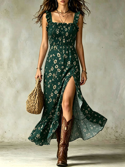 Vestido largo romántico de flores pequeñas, fruncido, con volantes y abertura lateral