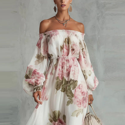 Vestido largo floral de manga larga y hombros descubiertos para mujer, modelo Payton