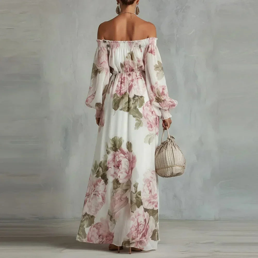 Vestido largo floral de manga larga y hombros descubiertos para mujer, modelo Payton