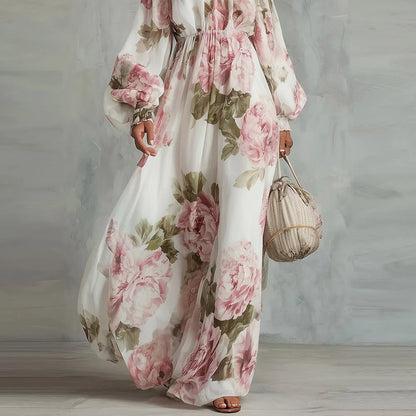 Vestido largo floral de manga larga y hombros descubiertos para mujer, modelo Payton