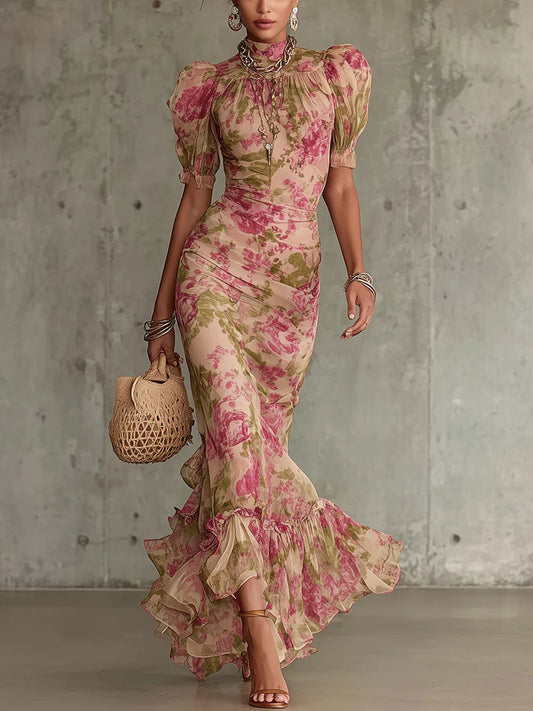 Vestido largo vintage con estampado de rosas y mangas abullonadas