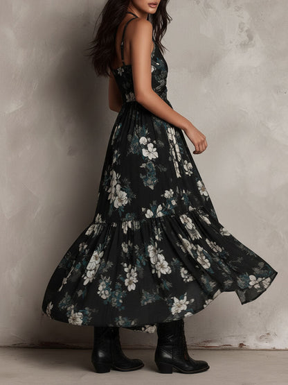 Vestido largo asimétrico negro con estampado floral bohemio y sin tirantes